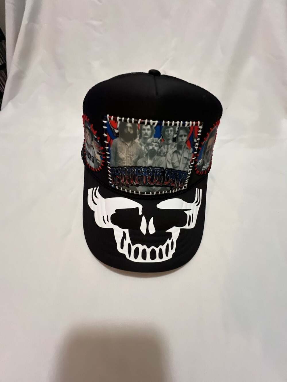 Custom Grateful Dead Themed Trucker Hat with Photo Patches